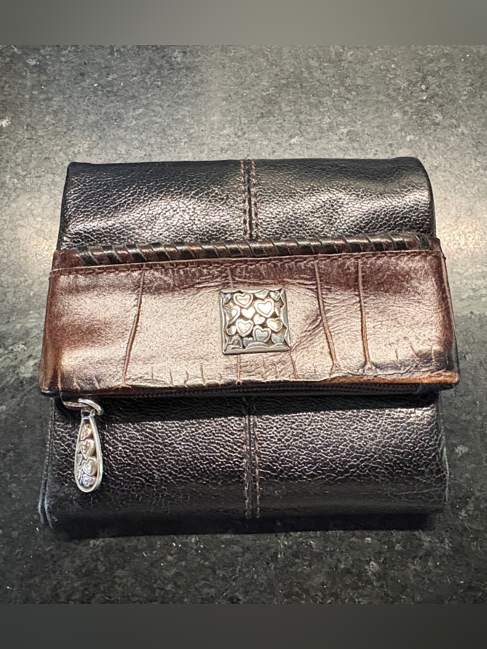 Brighton Black/Brown Leather Tri Fold Wallet with Magnetic Close “Go Lightly”